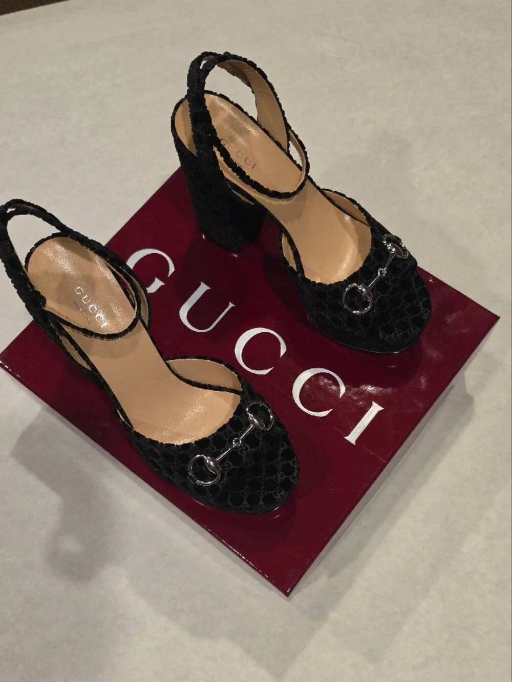 Gucci Black Velvet Platform Sandals with Silver Horsebit